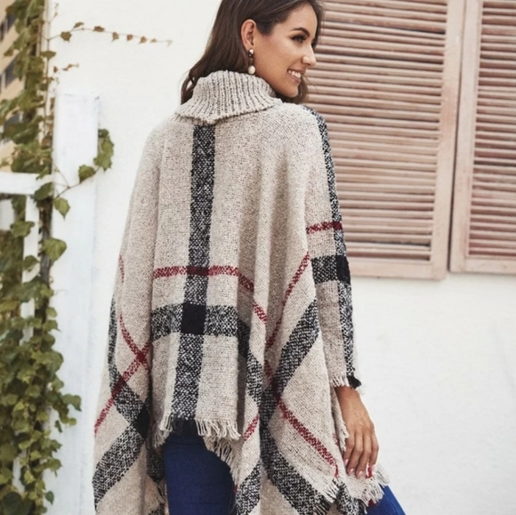 🌸Boho Loose Tassel Plaid Poncho Turtleneck Jmper - Picture 2 of 4